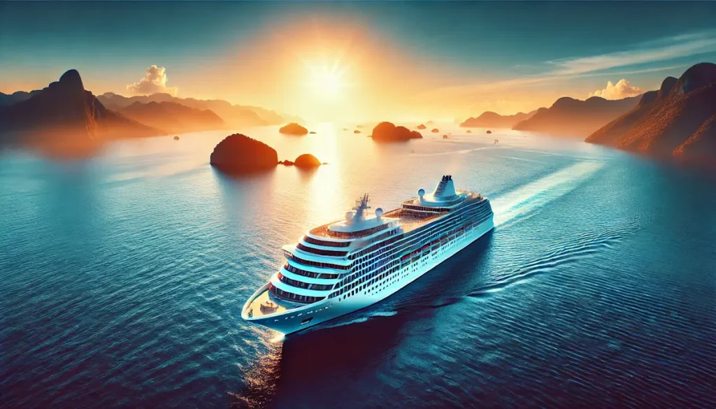 Paquebot de croisière de luxe en mer lors d'une croisière tour du monde : Un grand navire de croisière blanc, élégant, naviguant sur une mer bleu profond, avec le soleil se levant à l'horizon. Le bateau est entouré par l'océan calme, et en arrière-plan, des montagnes tropicales lointaines et des petites îles exotiques.