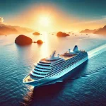 Paquebot de croisière de luxe en mer lors d'une croisière tour du monde : Un grand navire de croisière blanc, élégant, naviguant sur une mer bleu profond, avec le soleil se levant à l'horizon. Le bateau est entouré par l'océan calme, et en arrière-plan, des montagnes tropicales lointaines et des petites îles exotiques.