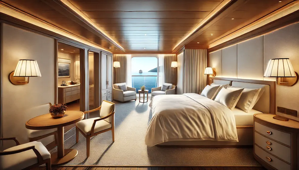 Cette image représente une élégante cabine de paquebot de croisière offrant un confort luxueux en pleine mer. La pièce est dotée d'un lit spacieux aux draps immaculés, d'un mobilier en bois raffiné, et d'un coin salon cosy. La grande baie vitrée donne accès à un balcon privé, dévoilant une vue imprenable sur l'océan infini. La lumière douce crée une ambiance apaisante, idéale pour se détendre après une journée d'escales exotiques ou d'activités à bord. Un havre de tranquillité en plein voyage maritime, parfait pour profiter d'une croisière inoubliable.