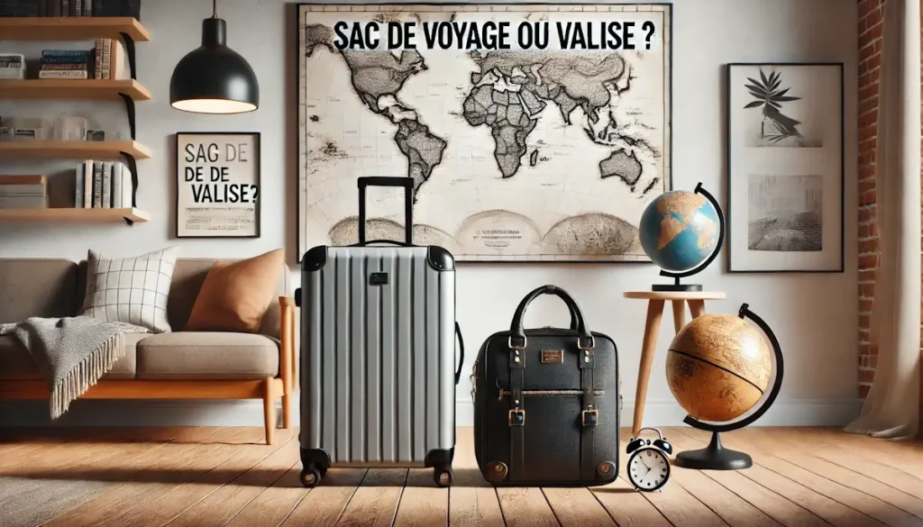 Image comparative montrant un sac de voyage élégant et une valise moderne côte à côte sur un sol en bois, avec une carte, des guides de voyage et un globe en arrière-plan, illustrant le choix "sac de voyage ou valise ?"