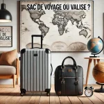 Image comparative montrant un sac de voyage élégant et une valise moderne côte à côte sur un sol en bois, avec une carte, des guides de voyage et un globe en arrière-plan, illustrant le choix "sac de voyage ou valise ?"